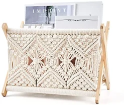 Mkono Macrame Magazine Rack Boho Magazine Holder Storage Standing Basket For Books, Newspapers, Swaddle Blanket, Living Room, Bathroom, Office, Nursery, Home Decor, Medium Size, 14’’L X 10’’W