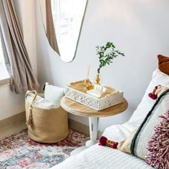 Mkono Macrame Decorative Tray Boho Home Decor Basket With Wooden Handles Handmade Woven Jewelry Perfume Makeup Storage Organizer For Vanity, Dresser, Countertop, Bedroom, Living Room, 14''L X 10''W