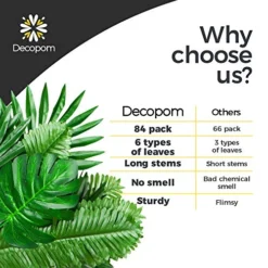 Decopom Palm Leaves Artificial Tropical Monstera-84Pcs 6 Kinds Large Small Green Fake Palm Leaf With Stems For Safari Jungle Hawaiian Luau Party Table Decoration Wedding Birthday Theme Party -Nearly Natural Store 51bfzQf7u2L