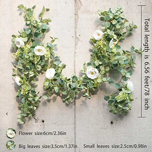 PARTY JOY 6.56ft Eucalyptus Garland With Flowers-8 White Roses, Artificial Fake Flowers Greenery Garland Floral Vines For Decoration Party Wedding Table Indoor Outdoor Backdrop Wall Decor(White) 6 PARTY JOY 6.56ft Eucalyptus Garland With Flowers-8 White Roses, Artificial Fake Flowers Greenery Garland Floral Vines For Decoration Party Wedding Table Indoor Outdoor Backdrop Wall Decor(White) - Image 6