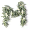 PARTY JOY 6.56ft Eucalyptus Garland With Flowers-8 White Roses, Artificial Fake Flowers Greenery Garland Floral Vines For Decoration Party Wedding Table Indoor Outdoor Backdrop Wall Decor(White)