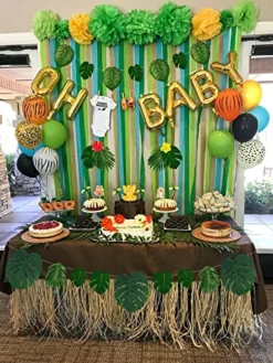 Moon Boat 120PCS Tropical Palm Leaves Plants Hibiscus Artificial-105Pcs 7 Kinds Green Fake Leaf+15pcs Flowers, Hawaiian/Luau/Safari Jungle Party Table Decorations -Nearly Natural Store 51hENVOMeTL