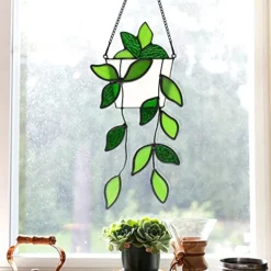 BOXCASA Green Plants Artificial Decor,Handcrafted Green Fake Plant Stained Glass Window Hanging,Faux Plant Suncatchers Decoration Gifts For Plant Lovers,Plant Gift For Mother Nana Grandma Aunt -Nearly Natural Store 51i0cW94BGL