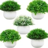 Summer Flower 5 Pack Mini Artificial Plants In Ceramics Pots For Bathroom Home Decor Indoor, 2 Fake Mini Plant Green Boxwood Potted,3 Grass Faux Plant In White Pot For Bookshelf Farmhouse Decorations