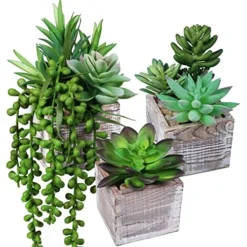 Set Of 3 Small Potted Succulents Plants Decoration Assorted Green Fake Succulents Plants In Rustic Wooden Pots For Home Living Room Bathroom Table Shelf Centerpiece Windowsill Office Desk Indoor Decor