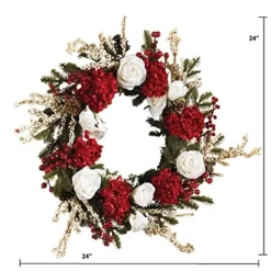 Nearly Natural 4899 Hydrangea With White Roses Wreath, 24-Inch, Red /White/Green -Nearly Natural Store 51mTuWipuhL