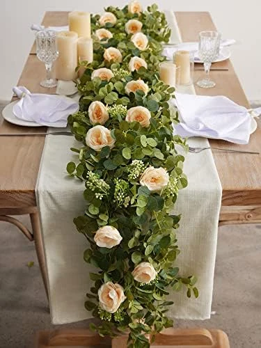 PARTY JOY 6.56ft Eucalyptus Garland With Flowers-8 White Roses, Artificial Fake Flowers Greenery Garland Floral Vines For Decoration Party Wedding Table Indoor Outdoor Backdrop Wall Decor(White) 7 PARTY JOY 6.56ft Eucalyptus Garland With Flowers-8 White Roses, Artificial Fake Flowers Greenery Garland Floral Vines For Decoration Party Wedding Table Indoor Outdoor Backdrop Wall Decor(White) - Image 7