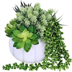 White Fall Pumpkin Centerpiece Artificial Succulent Pumpkin Arrangement With Assorted String Of Pearls Succulents For Fall Thanksgiving Gifts Home Wedding Table Mantel Windowsill Shelf Decor