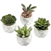 MyGift Miniature Artificial Succulents, Indoor Fake House Plants In Round White Geometric Ceramic Pots, Set Of 4