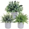 Set Of 3 Assorted Small Potted Plants Fake Eucalyptus And Rosemary Plants In Gray Geometric Concrete Ceramic Pots For Gifts Home Kitchen Office Shelf Table Desk Modern Indoor Outdoor Greenery Decor