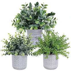 Set Of 3 Assorted Small Potted Plants Fake Eucalyptus And Rosemary Plants In Gray Geometric Concrete Ceramic Pots For Gifts Home Kitchen Office Shelf Table Desk Modern Indoor Outdoor Greenery Decor