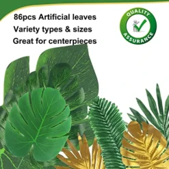86Pcs 8Kinds Artificial Tropical Palm Leaves Jungle Safari Leaves Faux Plant Golden Leaves Decorations For Hawaiian Beach Birthday Luau Party Table Decorations -Nearly Natural Store 51rjffOWwGL