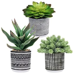 Winlyn Set Of 3 Assorted Small Potted Succulents Arrangement Artificial Succulent Plants In Black And White Geometric Pots For Table Centerpiece Windowsill Shelf Indoor Outdoor Garden Greenery Decor