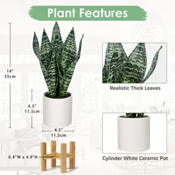 Briful 14'' Fake Snake Plant Home Decor Real Touch Faux Sansevieria Plant In White Ceramic Pot With Wooden Stand Artificial Snake Plant With Wide Leaves For Kitchen Living Room Bathroom Decorations -Nearly Natural Store 51sypgQwHqL