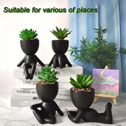 4 PCS Fake Succulent With Ceramic Artificial Succulent Planter Pot For Home Decor, Cute Human Shaped Mini Pots For Office Desk Bathroom Decorations (Matte Black) -Nearly Natural Store 51w4qnZnOiL