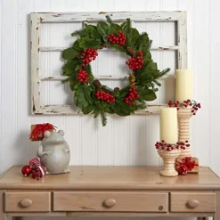 Nearly Natural 24 In. Magnolia Leaf, Berry And Pine Artificial Wreaths, Green -Nearly Natural Store 51wnTMme9sL