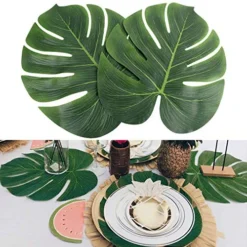 AerWo 14" Artificial Tropical Palm Leaves, Safari Birthday Decorations Extra Large Faux Leaf Jungle Hawaiian Party Decorations With Luau Beach Theme Decorations For Table Decoration Accessories, 48pcs -Nearly Natural Store 51xHBcxufWL