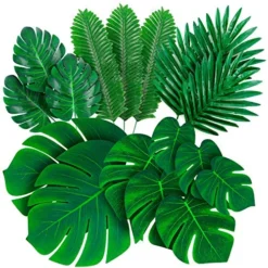 Decopom Palm Leaves Artificial Tropical Monstera-84Pcs 6 Kinds Large Small Green Fake Palm Leaf With Stems For Safari Jungle Hawaiian Luau Party Table Decoration Wedding Birthday Theme Party