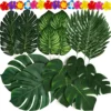 Moon Boat 120PCS Tropical Palm Leaves Plants Hibiscus Artificial-105Pcs 7 Kinds Green Fake Leaf+15pcs Flowers, Hawaiian/Luau/Safari Jungle Party Table Decorations