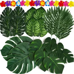 Moon Boat 120PCS Tropical Palm Leaves Plants Hibiscus Artificial-105Pcs 7 Kinds Green Fake Leaf+15pcs Flowers, Hawaiian/Luau/Safari Jungle Party Table Decorations