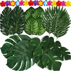 Moon Boat 120PCS Tropical Palm Leaves Plants Hibiscus Artificial-105Pcs 7 Kinds Green Fake Leaf+15pcs Flowers, Hawaiian/Luau/Safari Jungle Party Table Decorations -Nearly Natural Store 61J553RgQXL. AC