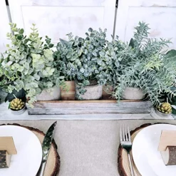 Set Of 3 Mini Potted Artificial Eucalyptus Plants Faux Rosemary Plant Assortment With Wood Planter Box For Indoor Office Desk Apartment Wedding Tabletop Greenery Decorations 8.7" Tall -Nearly Natural Store 61XQPOyUYwL