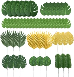 86Pcs 8Kinds Artificial Tropical Palm Leaves Jungle Safari Leaves Faux Plant Golden Leaves Decorations For Hawaiian Beach Birthday Luau Party Table Decorations -Nearly Natural Store 719ehjLg8L. AC